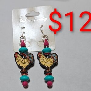 Fashion Jewelry Chicken Earrings with Red and Turquoise Beads